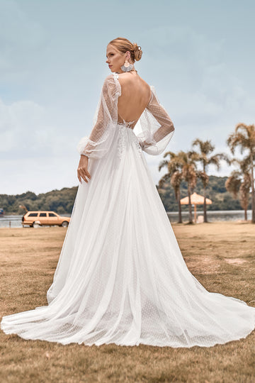 Long Sleeves Open Back Ivory A Line Wedding Dress with Appliques